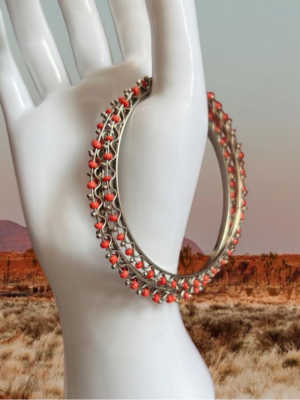Set of 3 vintage silver tone and orange beaded bangles